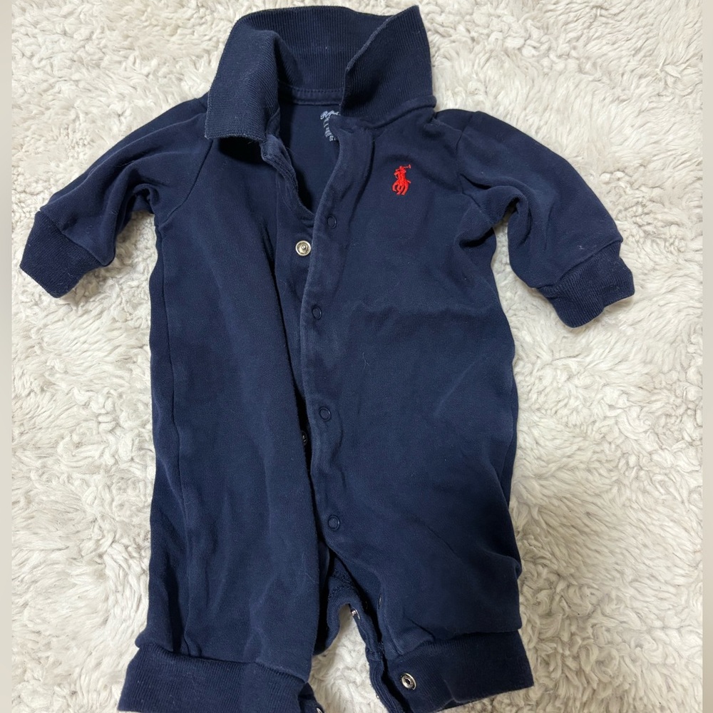 Ralph Lauren Navy Blue Baby Romper with Red Logo newborn onesie